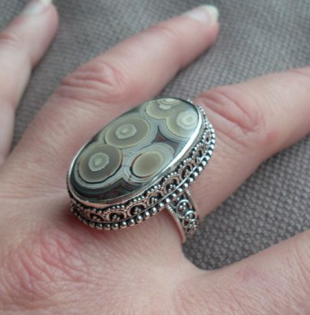 Zilveren ring met Laguna Lace Agaat in bewerkte setting 19 mm